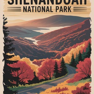Arte mural del Parque Nacional Shenandoah, póster digital, póster grande, paisaje otoñal, recorrido panorámico, arte de viaje, decoración del parque nacional