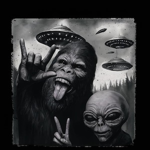May include: Black and white illustration featuring a gorilla and an alien making hand gestures. The gorilla is sticking out its tongue, and several UFOs are in the background. The image has a vintage, distressed look.