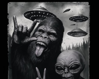 ビッグフットとエイリアンのTシャツ、UFO信者Tシャツ、陰謀論アパレル、面白い未確認生物Tシャツ、ユーモアのある宇宙デザイン、トレンディなグラフィックTシャツ