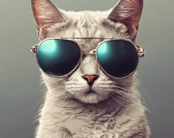 Cool Cat with Sunglasses Digital Art Print, Funky Cat Wall Decor, Cat Lover Gift, Quirky Cat Artwork, Cat in Sunglasses Poster