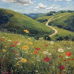 Puede incluir: Pintura de un paisaje verde con colinas onduladas y un camino sinuoso. El cielo azul está salpicado de nubes blancas. Un campo de coloridas flores silvestres, incluyendo rojas, amarillas y blancas, llena el primer plano.