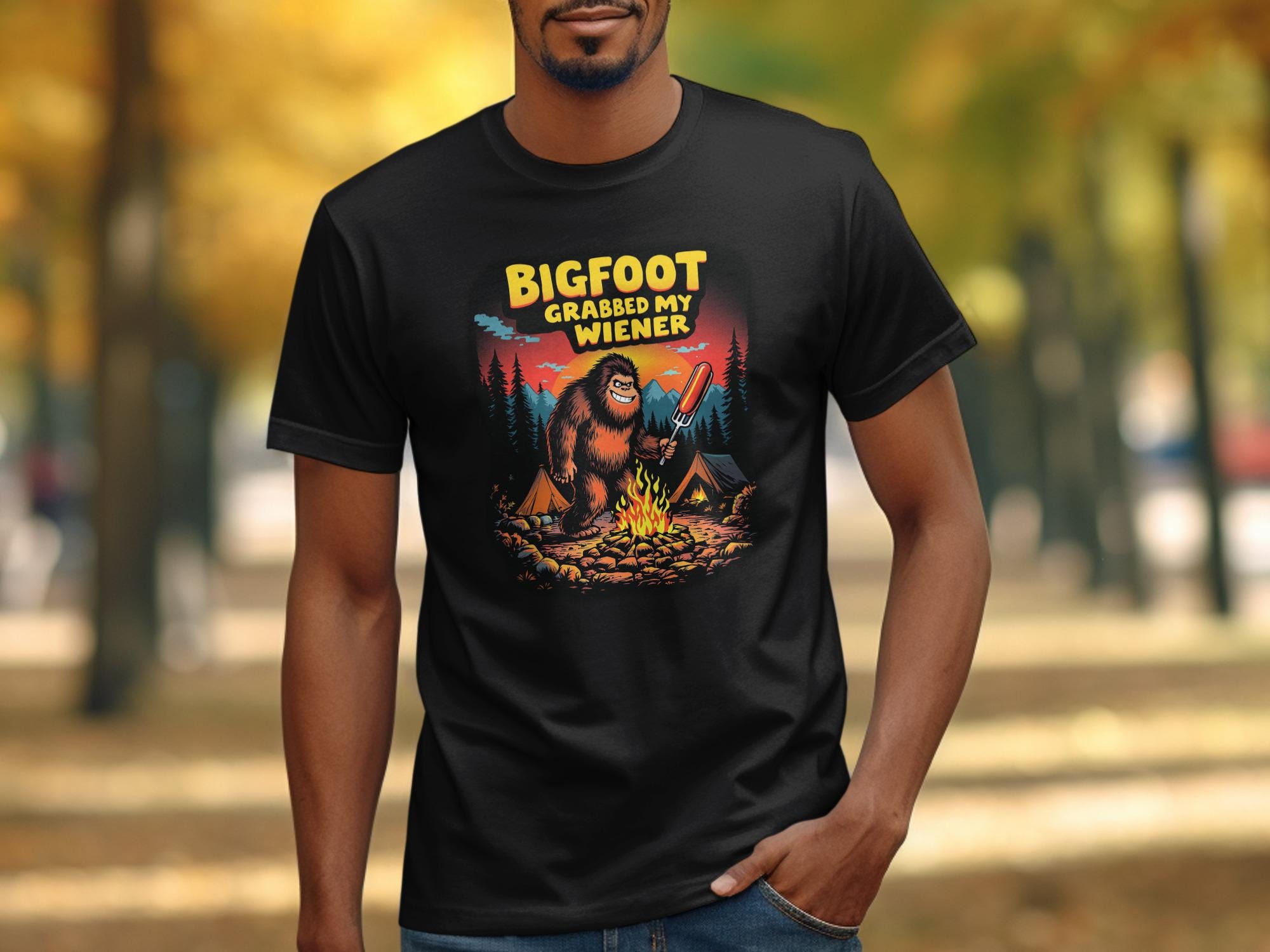 Bigfoot T-shirt, Funny Sasquatch Camping Tee, Grabbing Wiener
