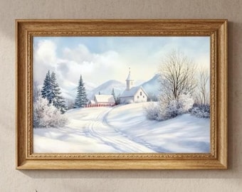 Winter Kirche Leinwand, gerahmtes Poster, Grußkarte, großes Poster, digitaler Kunst Druck, Schneelandschaft Szene, Land Kirche Kunst, Winter Dekor