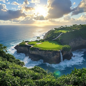 Campo da golf oceanico, stampa digitale da parete, campo da golf costiero, campo da golf su isola, paesaggio tropicale, download digitale di golf sulla spiaggia, decorazione da parete
