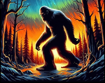 Bigfoot T-Shirt, Colorful Aurora Forest, Cryptozoology Gift