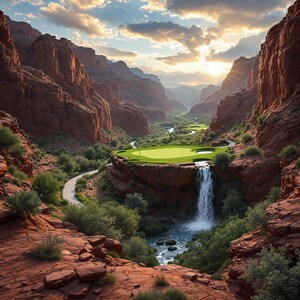 May include: Scenic landscape featuring a golf course built into a canyon. The green is surrounded by a waterfall and a winding road. Red rock formations and lush greenery are visible under a sunset sky.