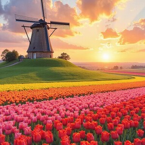 Tulpenfelder und Windmühle Digitale Kunst, Grußkarte, gerahmtes Poster, Großes Poster, Tasse, Kleines Poster, Wandkunst, Leinwand, Leinwanddruck Poster