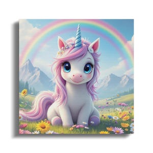 Cute Unicorn Wall Art, Rainbow and Flowers Decor, Kids Room Artwork, Whimsical Nursery Art, Magical Unicorn Print