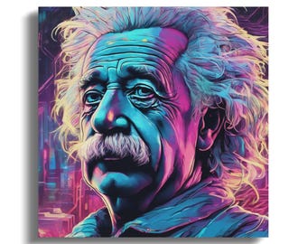 Impresión de arte digital colorida, retrato de un científico famoso, decoración de pared moderna, ilustración vibrante, arte inspirado en la ciencia ficción, colores neón