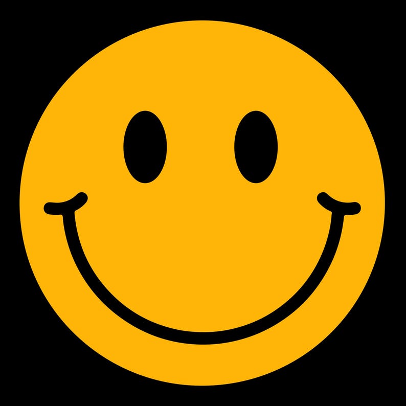 May include: A classic yellow smiley face with black eyes and a curved black mouth, set against a solid black background. The simple design evokes feelings of happiness and positivity, perfect for various applications.