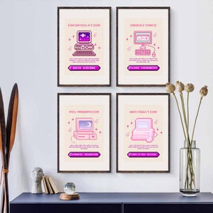 May include: Four framed prints with pink and white pixel art illustrations of computers. Each print features a different object-oriented programming concept: Encapsulation, Inheritance, Polymorphism, and Abstraction. The prints are on a light beige background with a grid pattern.