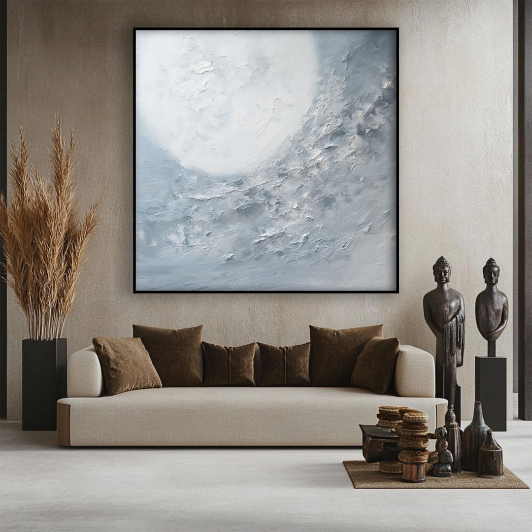 100% Abstract White Moon Oil Painting on Canvas ,3D Textured White ...