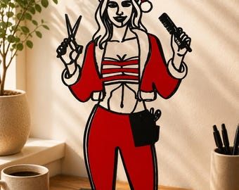 May include: A decorative cutout figure of a hairstylist wearing a red and white Santa hat and outfit. The figure holds black scissors in one hand and a black hair comb in the other, with a black holster on the hip. The base features the text NAME.