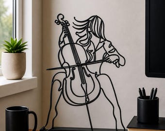 Decoración personalizada de arte lineal para música femenina, regalo con nombre personalizado, escultura de violinista y violonchelista, adorno minimalista para escritorio de amante de la música o estudio en casa