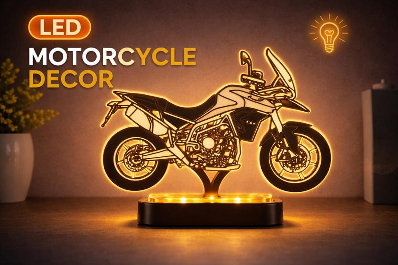 Personalized LED motorcycle British Style Tiger 900 G Series decor gift custom name sign minimal desk art for him warm light base biker room image 1