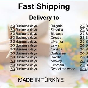 Puede incluir: Imagen con el texto "Fast Shipping" y "Delivery to" seguido de una lista de pa&iacute;ses y tiempos de entrega estimados. El texto "MADE IN T&Uuml;RKİYE" est&aacute; en la parte inferior.