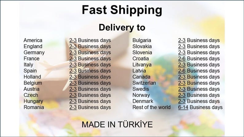 Puede incluir: Imagen con el texto "Fast Shipping" y "Delivery to" seguido de una lista de pa&iacute;ses y tiempos de entrega estimados. El texto "MADE IN T&Uuml;RKİYE" est&aacute; en la parte inferior.