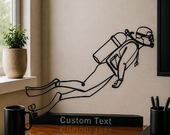 Decoración de arte lineal personalizada para buceadores, regalo con nombre personalizado, decoración de escritorio para deportes acuáticos, escultura minimalista de silueta de buceador, regalo para amantes del buceo