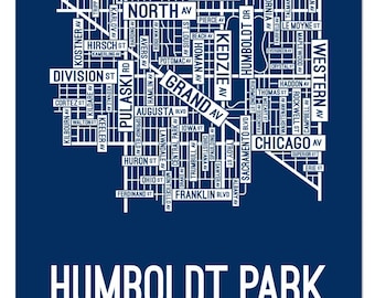 May include: A blue and white map of Humboldt Park in Chicago, Illinois. The map shows the streets and avenues of the neighbourhood, including Pulaski Road, Kedzie Avenue, and Grand Avenue. The text "HUMBOLDT PARK" and "CHICAGO, ILL." is printed below the map.