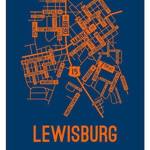 May include: A map of Lewisburg, Pennsylvania, in orange on a navy blue background. Street names are clearly labeled, including Market St, 7th St, and Buffalo Rd. The number 15 is highlighted. The word "LEWISBURG" is at the bottom.