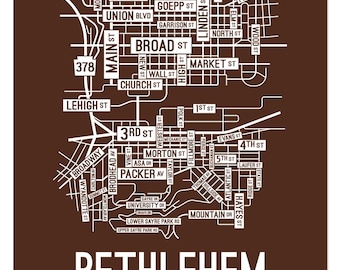 Bethlehem, Pennsylvania Street Map - Poster, Acrylic, Framed, and Metal Prints