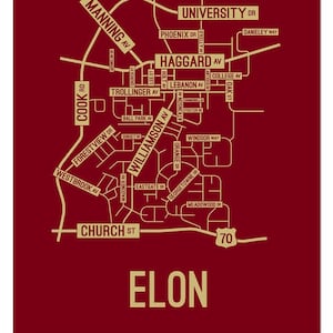 May include: A map of Elon, North Carolina, featuring street names in a gold color against a deep red background. Key streets like Williamson Ave and Haggard Ave are visible, with the town name prominently displayed.