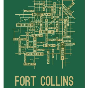 May include: A green and gold city map of Fort Collins, Colorado. The map features the names of streets and avenues in the city.
