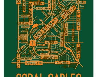 Coral Gables, Florida Street Map - Poster, Acrylic, Framed, and Metal Prints