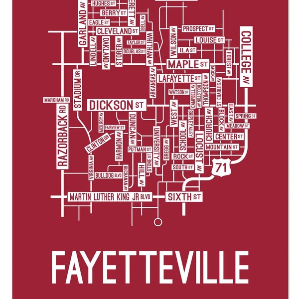 Fayetteville, Arkansas Street Map - Poster, Acrylic, Framed, and Metal Prints