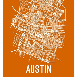 May include: A white and orange map of Austin, Texas, with street names and numbers. The map is on a solid orange background.
