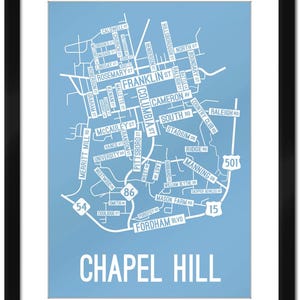 May include: A light blue map of Chapel Hill, North Carolina, with white text outlining the streets and roads. The map includes the names of streets, roads, and landmarks, such as Fordham Blvd, Mason Farm Rd, and Raleigh Rd.