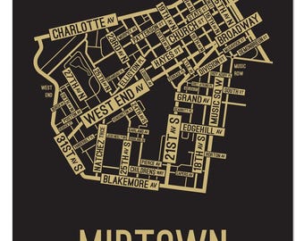 Midtown, Nashville Street Map - Poster, Acrylic, Framed, and Metal Prints