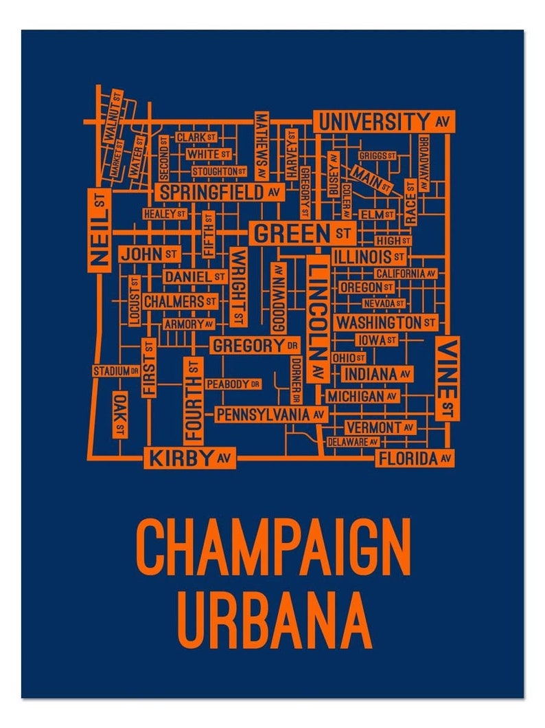 Peut inclure: Une carte de Champaign et Urbana, Illinois, en bleu et orange, avec les noms des rues et des avenues en orange.