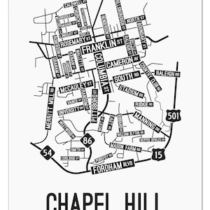 May include: A black and white map of Chapel Hill, North Carolina, with street names and highway numbers. The map includes the following highways: 86, 501, and 15.