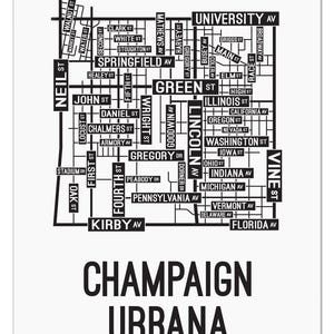 Peut inclure: Illustration en noir et blanc d'une carte routi&egrave;re de Champaign et Urbana, Illinois. La carte montre les rues et avenues principales de la ville, notamment Neil Street, Green Street et University Avenue.