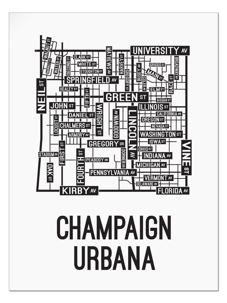 Peut inclure: Illustration en noir et blanc d'une carte routi&egrave;re de Champaign et Urbana, Illinois. La carte montre les rues et avenues principales de la ville, notamment Neil Street, Green Street et University Avenue.