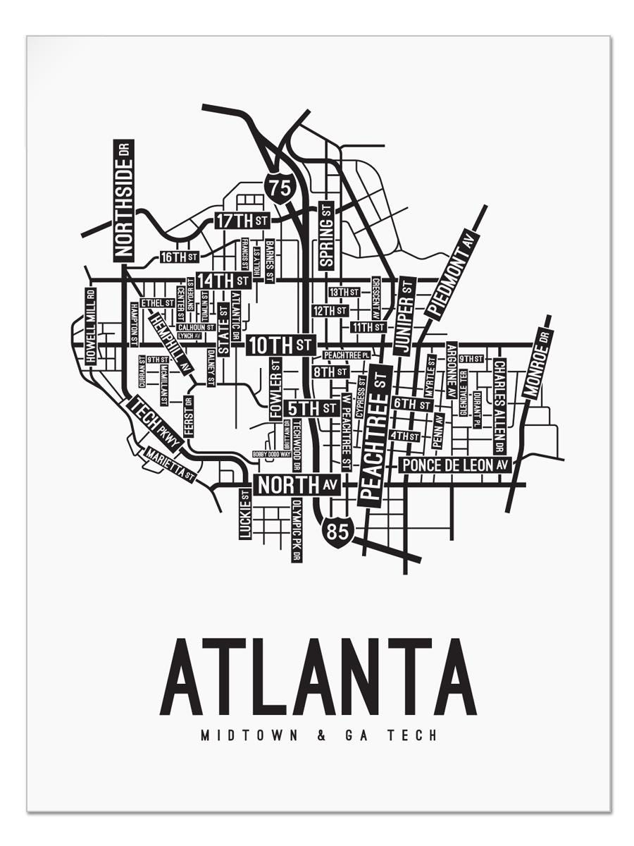 Midtown, Atlanta Street Map - Poster, Acrylic, Framed, and Metal Prints ...