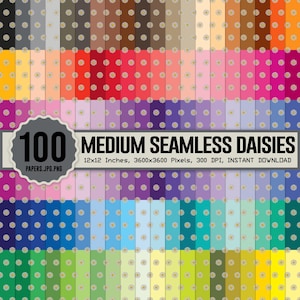 May include: A set of 100 digital papers featuring a seamless pattern of medium-sized daisies on various colored backgrounds. The papers are 12x12 inches, 3600x3600 pixels, 300 DPI, and are available for instant download.
