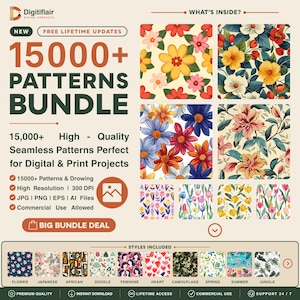 Puede incluir: Un anuncio de producto digital para un paquete de más de 15000 patrones con varios diseños florales y gráficos. El texto incluye 15000+ PATTERNS BUNDLE, WHAT'S INSIDE, y enumera formatos de archivo como JPG, PNG, EPS y AI para proyectos.