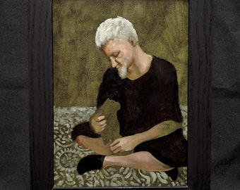Framed Small Original oil painting: Self Portrait with Cat, 5x7 Canvas Board Art