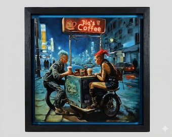 Hand Painted Oil Painting, Let's Go Have Coffee. With handmade floating frame.