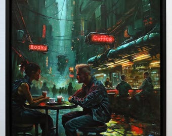 Original hand painted oil painting- Neon Rain Cafe - Framed 12"x12"