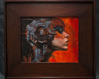 Red Cyborg Woman - Hand made oil painting by Neil Collins. 8" x 10"