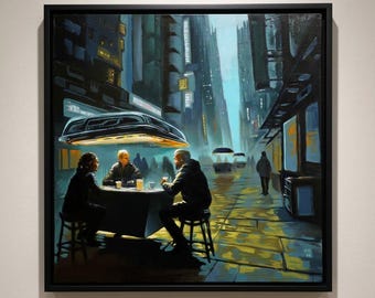 Original Cyberpunk Oil Painting "The Rain Table" | 12x12 Oil on Wood, Futuristic Cityscape Noir, Framed
