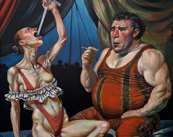Original Circus Oil Painting - "The Sword Swallower and the Strongman" - Framed 16x20 Narrative Allegory