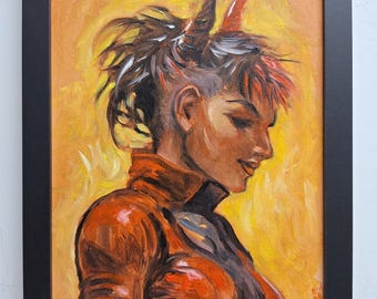 Original Cyberpunk Demoness Portrait - 8x10 Oil Painting on Canvas Board Framed – Playful Horned Woman