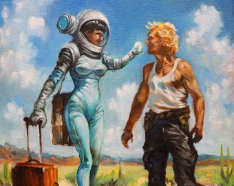 Rocket Woman Number One - Hand made oil painting by Neil Collins. 8" x 10" Framed.