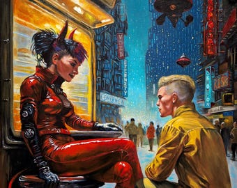 Original Oil Painting 12"x12" -Proposal- Romantic Cyberpunk Hand made Wall Art -Framed
