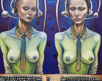 Coworkers - One of a kind, hand made oil painting. 12" by 12".