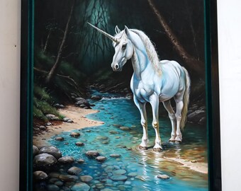 Original hand painted oil painting, Unicorn. Hand made floating frame.